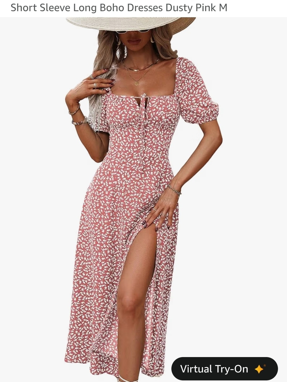 Dusty Pink Boho Maxi Dress with Puff Sleeves
